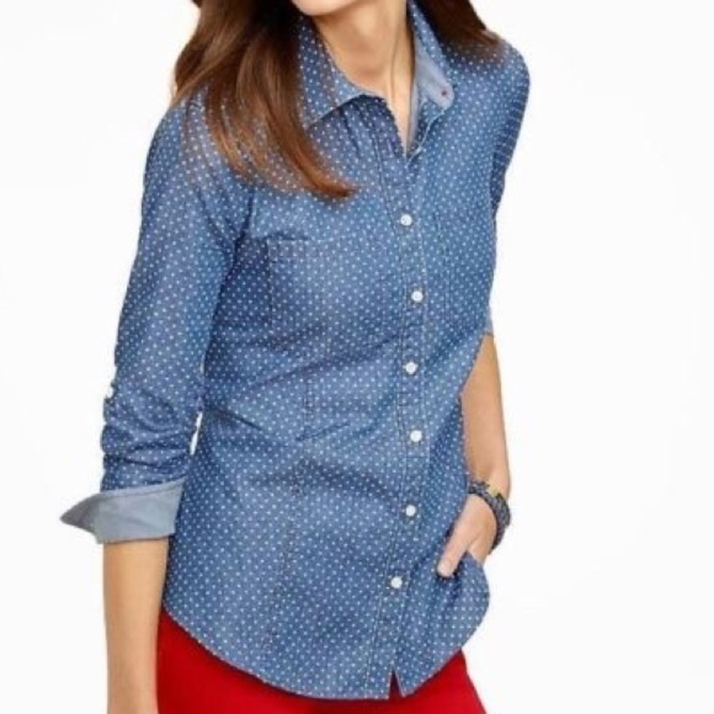 Talbots button-down, chambray and white dots